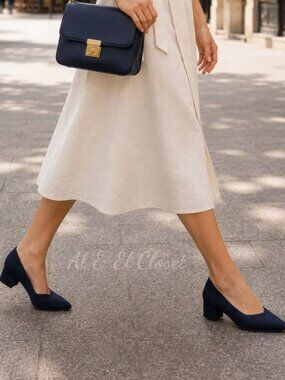 ROTHYS The High Point, Block Heel, Navy Herringbone, Size 6.5